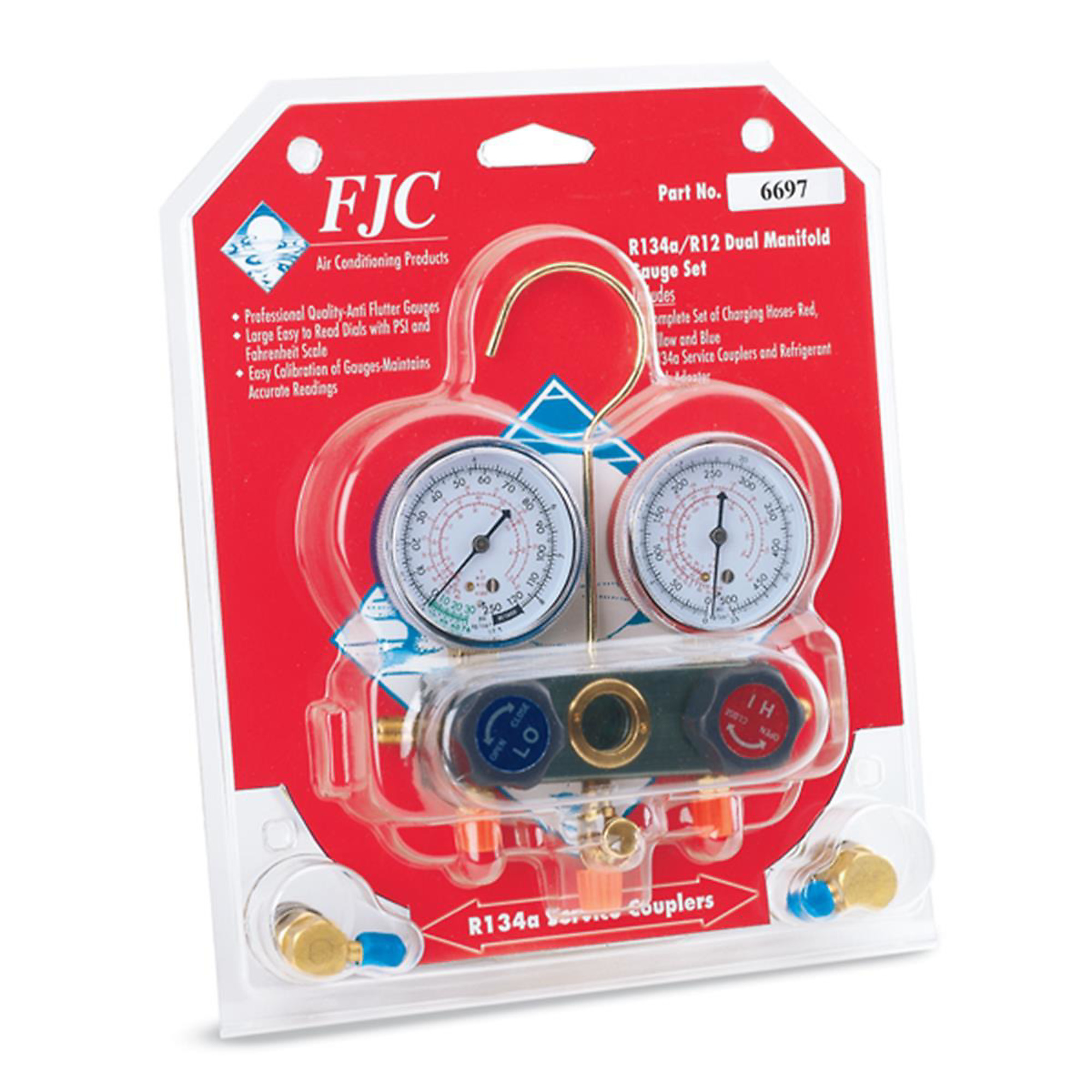 FJC Dual Gauge Manifold Set — R134a/R12/R22, 72in. Hose, Aluminum Block, Quick Couplers, Model# FJC6697
